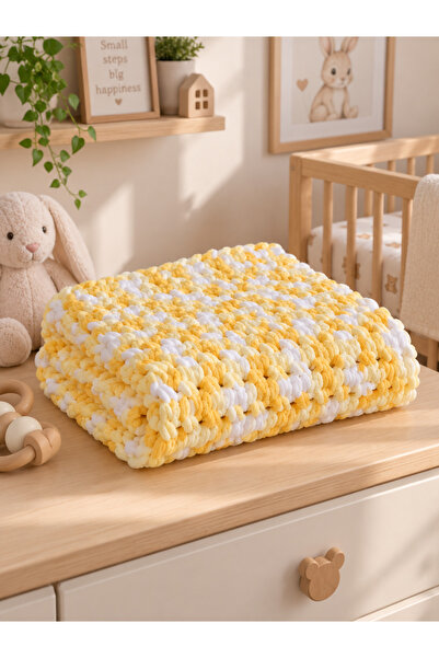 Generic Brand Yellow and White Hand Knitted Baby Blanket – Velvet Soft Yarn 8...