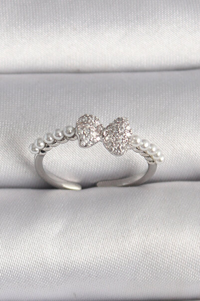 Livenda Brass Silver Color Zircon Stone Bowknot Pearl Detail Adjustable Ring ...