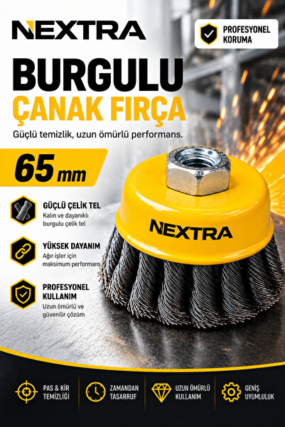 NEXTRA Burgulu Çanak Tel Fırça 65 mm – Avuç Taşlama Uyumlu Pirinç Kaplı Çelik...