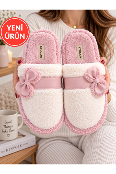 STOCON Lora Bowknot Detailed Plush House Slippers Closed Toe Soft Insole Wint...