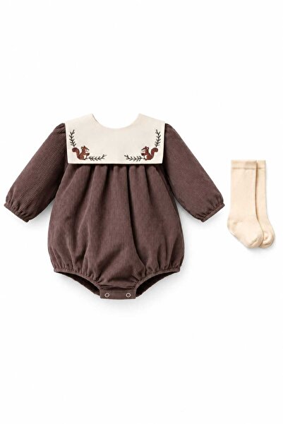 LİLİYUM Baby Girl Corduroy Squirrel Embroidered Bib Collar Long Sleeve Balloo...