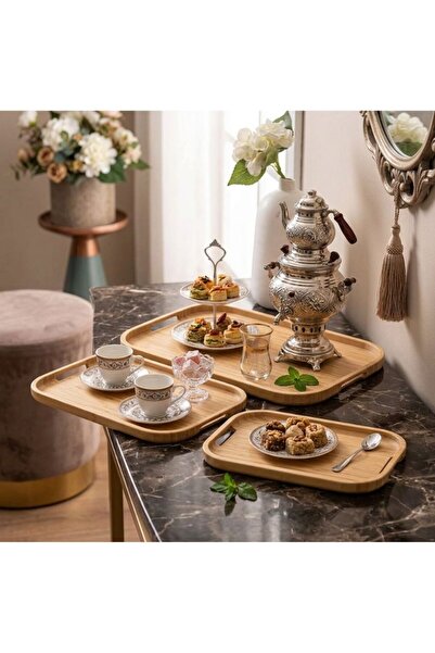 KdrElektronik Set of 3 Bamboo Presentation Trays with Handles Wooden Tea and ...
