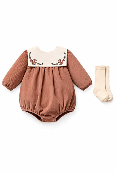 LİLİYUM Baby Girl Corduroy Squirrel Embroidered Bib Collar Long Sleeve Balloo...