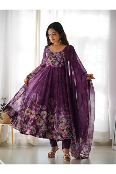 MYSMAR Purple Organza Silk Top Bottom & Dupatta - HRT6510 | Purple-Size:XL-42...