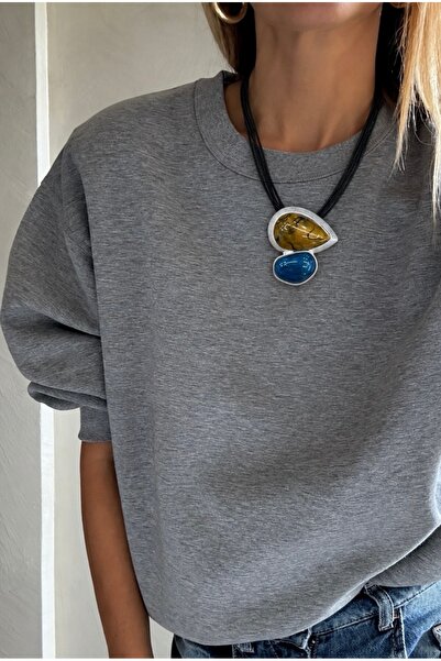 FloresDeCarnaval Amber Blue Statement Necklace – Blue Coffee Stone Look with Black Multi-Strand Cord and Silver Detailed Design Necklace
