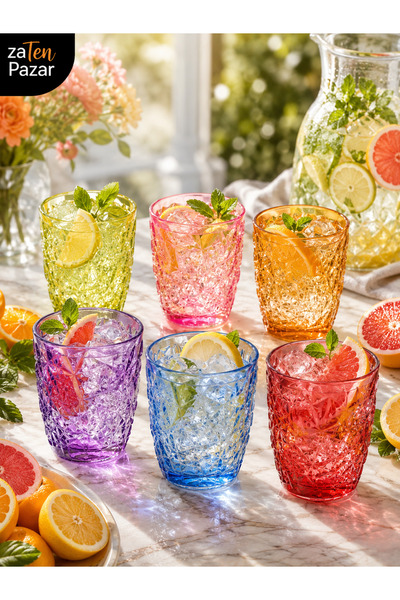 zaTen Pazar Set of 6 Colored Glass Cups 300 ml Crystal Cut Prism Patterned Water, Soft Drink and Cocktail Glass