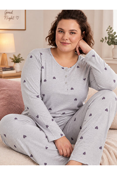Silona Homewear Gray Color Black Heart Large Size Oversized Pajama Set