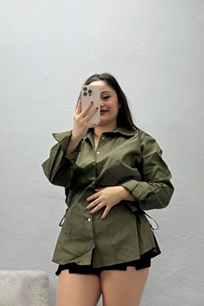 BELENDİR Women's Side-Tie Poplin Shirt Khaki