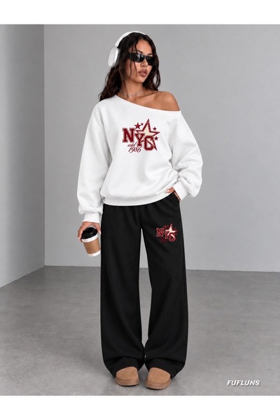 FUFLUNS Nyc Est Star Women's Boat Neck Sweatshirt/Top Track Suit Set