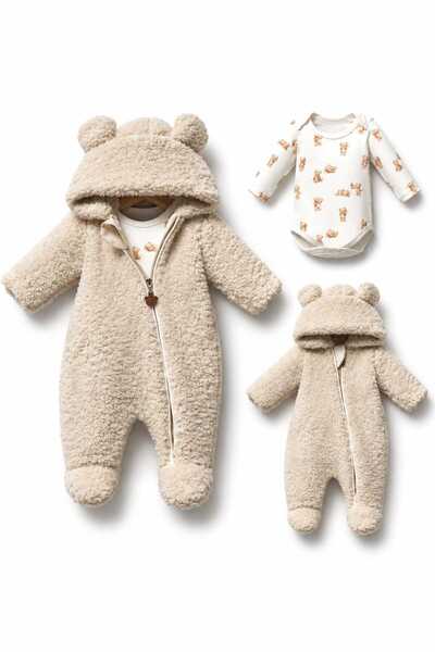 LİLİYUM Unisex Lüks Premium Teddy Bebek Tulum ve Uzun Kollu Zıbın Seti | Ayıc...