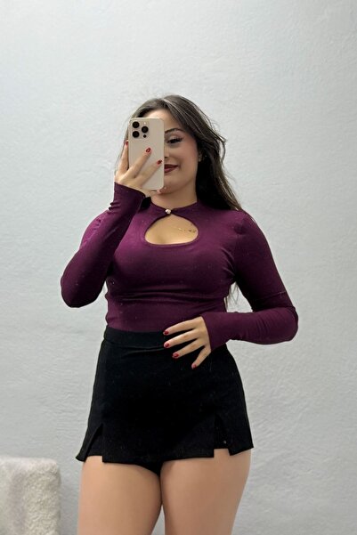 BELENDİR Buzzy High Collar Women's Blouse with Window Detail Plum