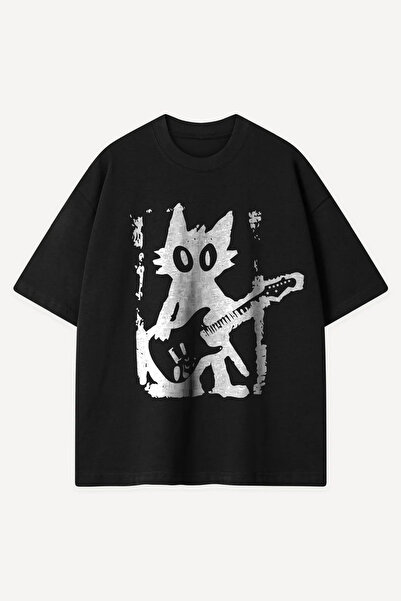 Sekizbiraltı Guitar Cat Baskılı Siyah Oversize Tshirt