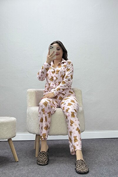 BELENDİR Women's Suede Buttoned Pajama Set Pink Brown