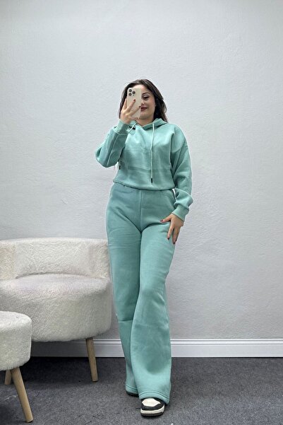 BELENDİR Women's 3 Threaded Crop Tracksuit Set Çağla