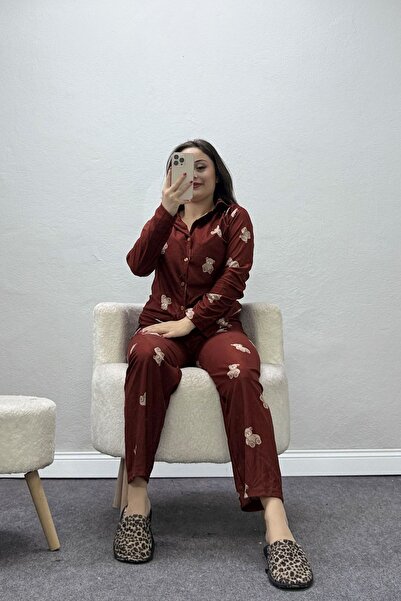 BELENDİR طقم بيجامة نسائي من الجلد السويدي بأزرار كريتيل