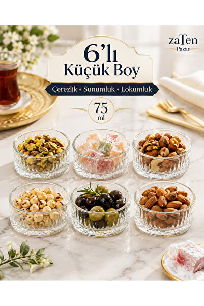 zaTen Pazar 6'lı Elyısıa Küçük Boy Cam Çerezlik Seti 75 ml Çizgili Kahve Yanı...