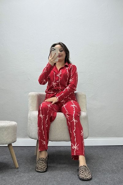 BELENDİR Women's Suede Buttoned Pajama Set Red