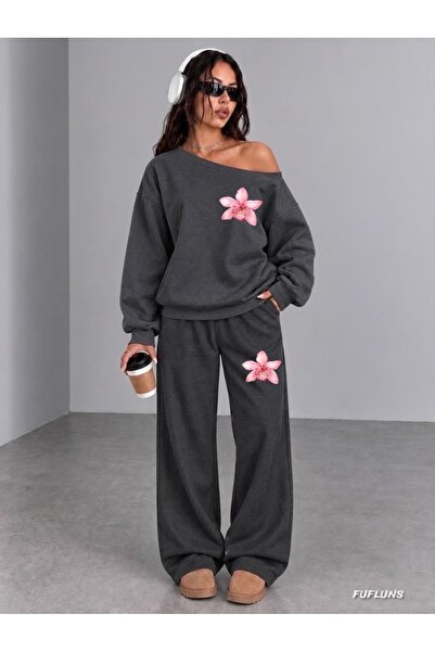 FUFLUNS Mini Flower Printed Women's Boat Neck Top/Sweatshirt Track Suit Set