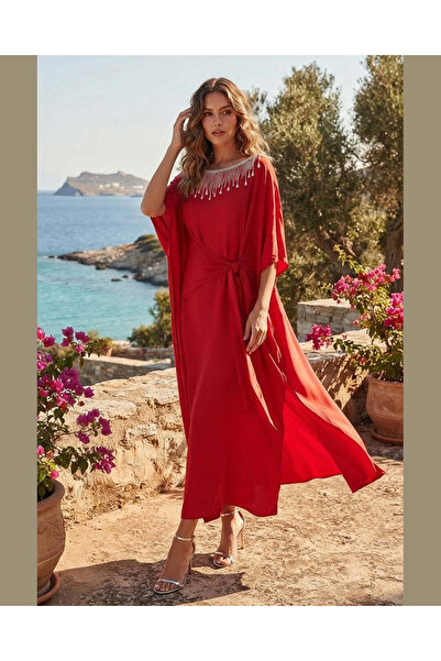 Godiva ΚΟΚΚΙΝΟ ΜΕΤΑΞΙ ΝΤΟΥΜΠΑΪ |   Κρυστάλλινο Καφτάνι με Κρόσσια
