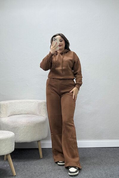 BELENDİR Women's 3 Thread Threaded Crop Tracksuit Set Brown