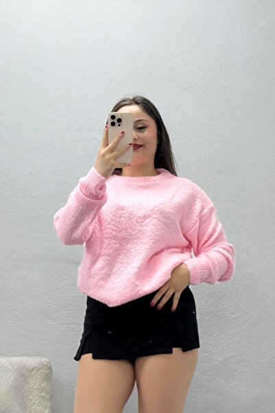 BELENDİR Women's Crew Neck Boucle Sweater Pink
