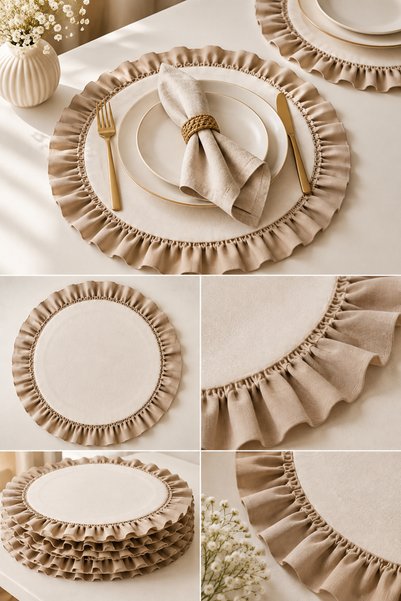 ZİLCA HOME Set of 6 Round Ruffled Plates – 33cm Fabric Placemats Cream