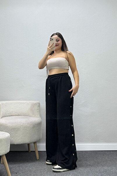 BELENDİR Women's Drawstring Waist Modal Pants with Side Snap Buttons Black
