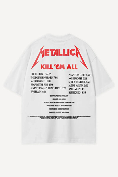 Sekizbiraltı Metallica K.'Em All' Printed White Oversize Tshirt