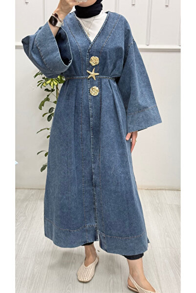 Denim Kuşaklı Kimona Bronş Detaylı