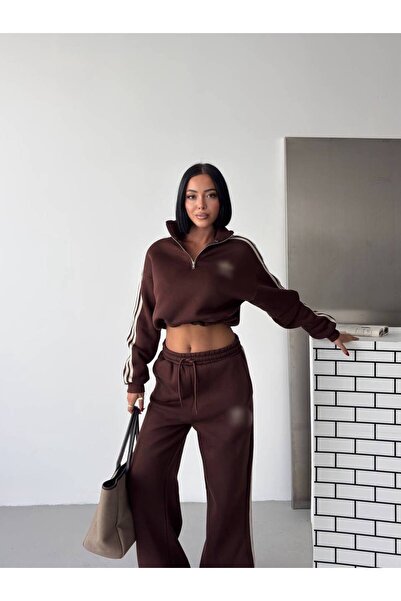 mylunessa Striped Half-Zip Brown Thick Sweatshirt Pants Oversize Tracksuit Set