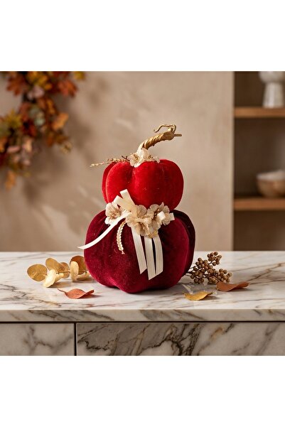 Ornament24 Dovleac decorativ dublu din catifea rosie cu flori si fundita, dec...