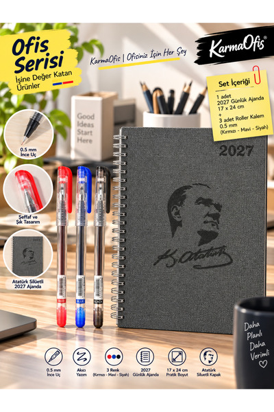 KarmaOfis 2027 Atatürk Silhouette Daily Agenda 17x24 cm Σπιράλ Μαύρο + 3 Χρώμ...