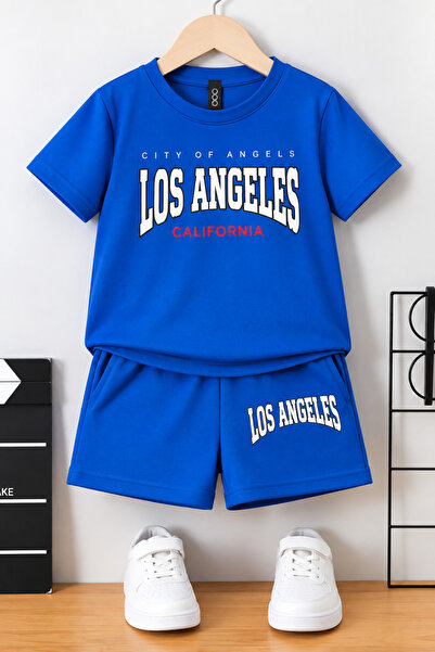 beeton Los Angeles California Printed Saks Blue Kids Shorts T-Shirt Set - Kid...