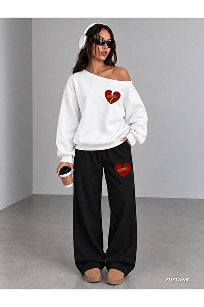 FUFLUNS Wounded Heart Printed Women's Boat Neck Sweatshirt/Top Sweat Suit