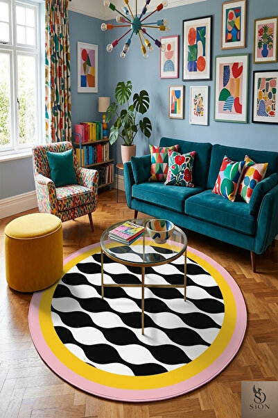 SionFabric Dijital BaskI Pop Art Dalga Desenli Yuvarlak Modern Dekoratif Tasa...