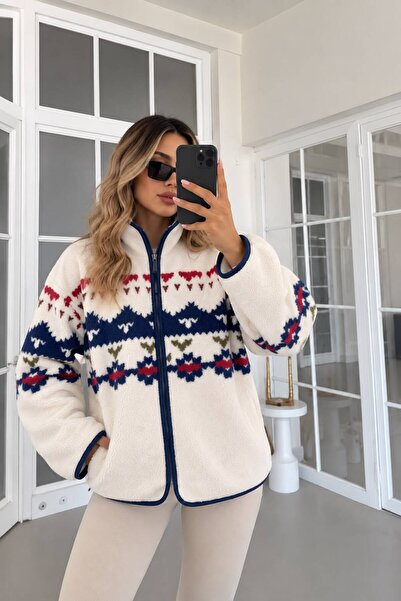 FioriModa Lacivert Fermuarlı Desenli Polar ceket