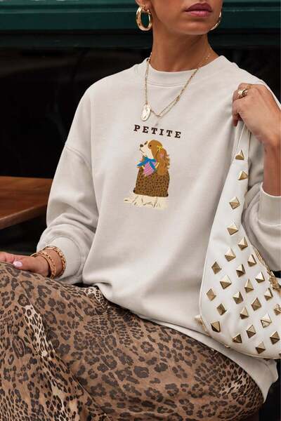 Monila Women's Premium Fabric 3 Thread Raised Dog Print Sweatshirt
