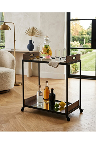 PLUS13 Dorene Wooden Handle Catering Serving Cart with Wheels