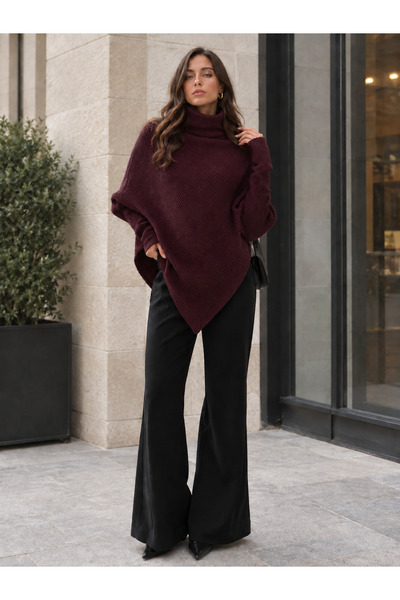fera butik Kadın Asimetrik Kesim Boğazlı Balıkçı Yaka Triko Bordo Kazak