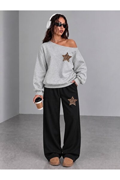 FUFLUNS Leopard Star Printed Women's Boat Neck Sweatshirt/Top Track Suit Set
