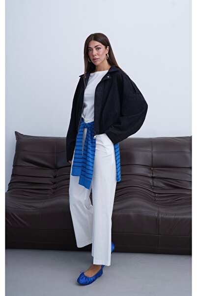 FEMMESTUDIO Women's Navy Blue Oversize Bomber Jacket