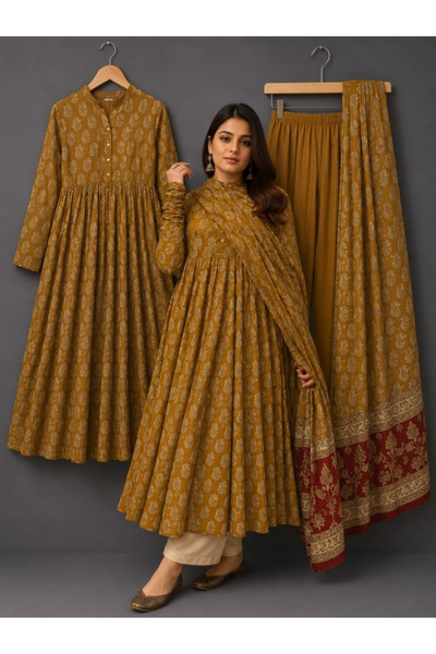 MYSMAR Chili Yellow Viscose Printed Anarkali Kurta Set - ALV2187 | Chili Yell...