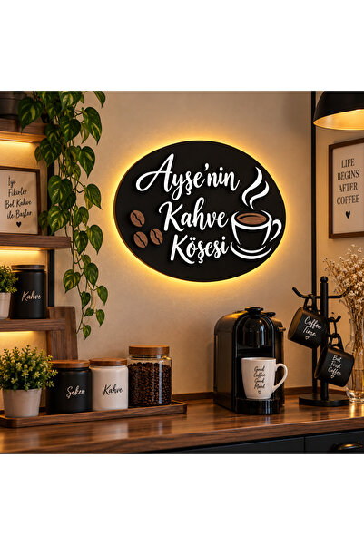 Runc Design Kişiye Özel Kahve Köşesi Ahşap Tabela– İsimli Dekoratif Duvar Pan...
