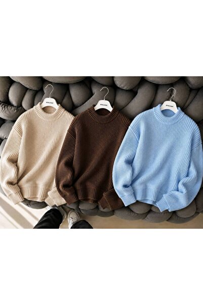 DepoExport Women's 3-Piece Crew Neck Oversize Knitwear Sweater Soft Knitted S...