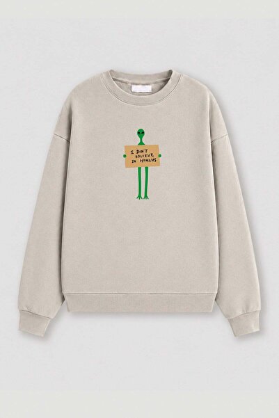 Monila Kadın Premium Kumaş 3 İplik Şardonlu Uzaylı Baskılı Sweatshirt