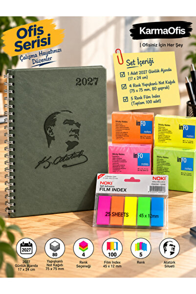 KarmaOfis 2027 Atatürk Silhouette Spiral Daily Agenda 17X24 cm Gray + 4 Color...