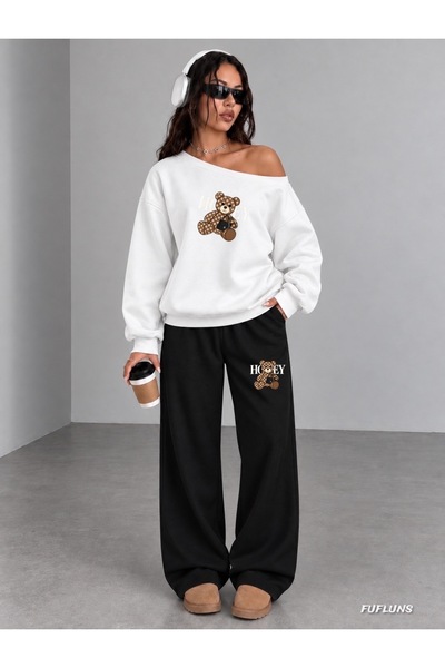 FUFLUNS Honey Bear Printed Women's Boat Neck Sweatshirt/Top Sweat Suit Set