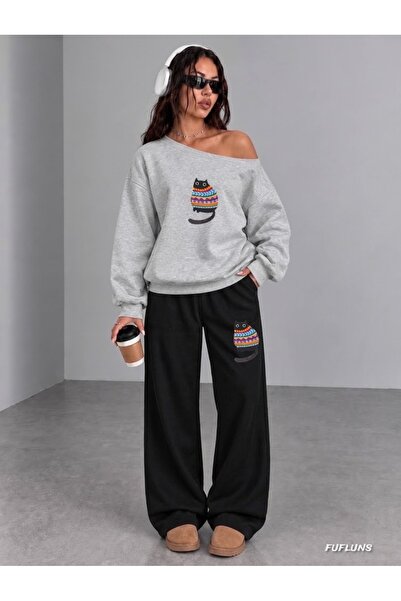 FUFLUNS Patterned Cat Printed Women's Boat Neck Sweatshirt/Top Sweatpants Set