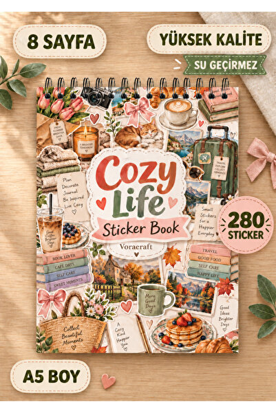 VORACRAFT 280 Adet Cozy Life Sticker Book 8 Sayfa A5 , Ajanda Journal Scrapbo...