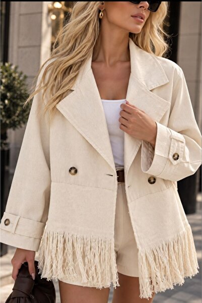 LOKADI Women's Ecru Tasseled Oversize Double-Breasted Blazer Jacket Seasonal ...